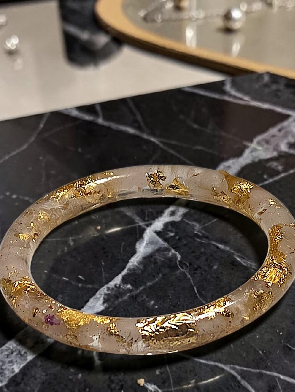Gold Fleck Resin Bangle Bracelet - Elegant Rose Quartz and Gold Women’s Jewelry
